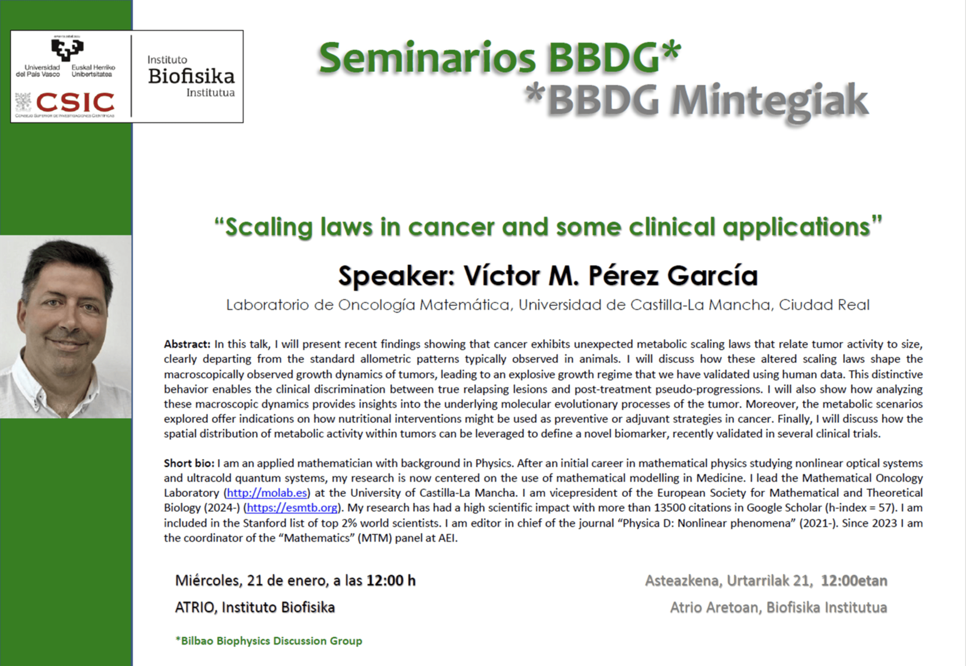 BBDG Seminar: "Scaling laws in cancer and some clinical applications"